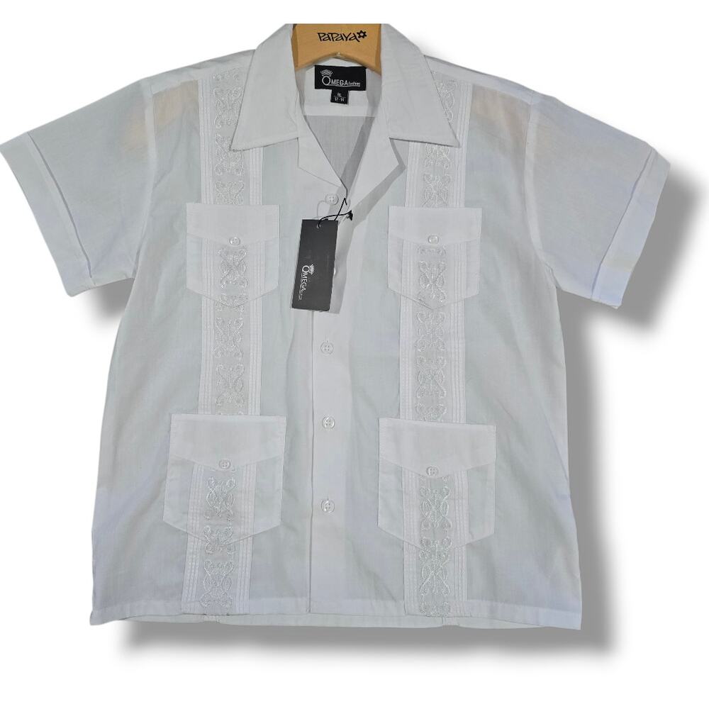 Omega Boys White Short Sleeve Guayabera Button Down Traditional Mexican Style